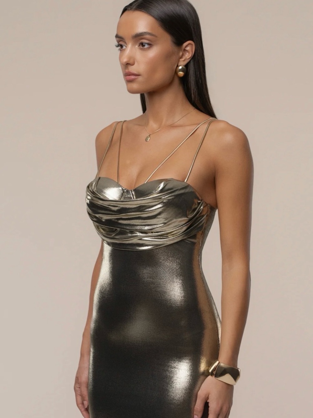 JLUXLABEL Light Gold Cowl-Neck Midi Dress - Picture 3 of 7